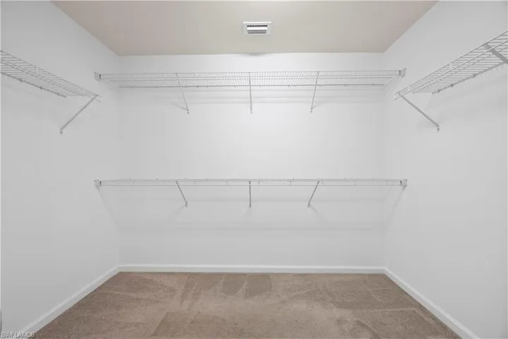 Walk in closet featuring light colored carpet