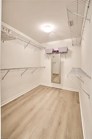 Walk in closet with hardwood / wood-style flooring