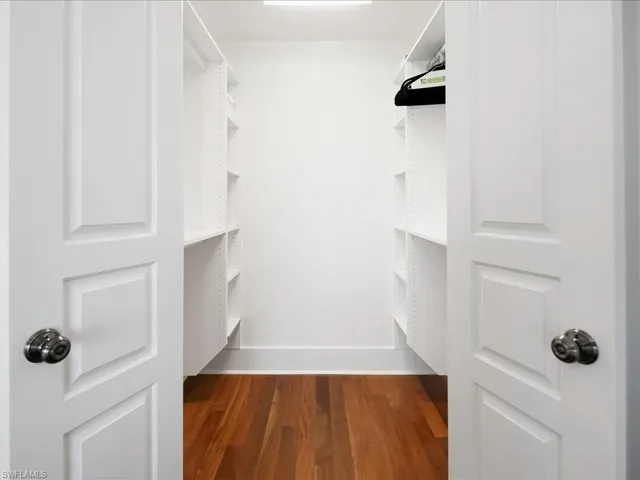 Spacious closet with dark wood-style flooring