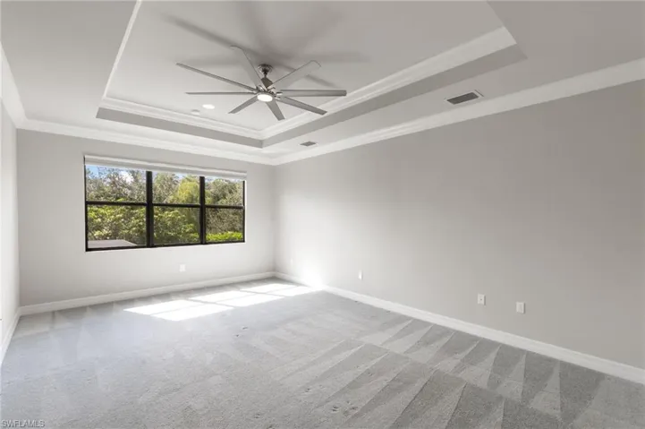 Spare room with crown molding, a raised ceiling, light carpet, and ceiling fan