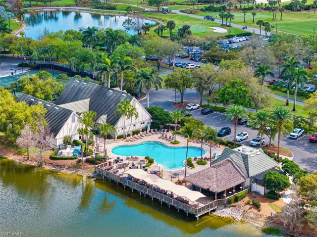 Bird's eye view of a large body of water and a pool