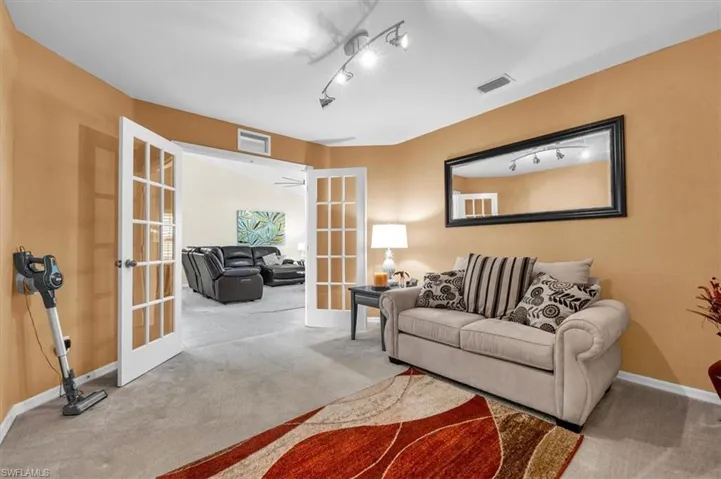 Dual French doors with glass panes, track lighting, and a neutral wall color