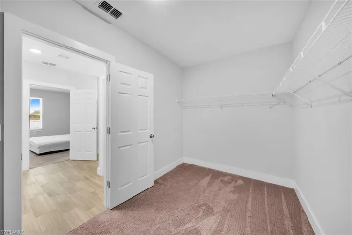 Walk-in closet featuring wire shelving, neutral carpeting, and white baseboards