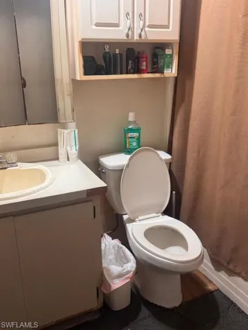 Bathroom featuring vanity and a shower with shower curtain