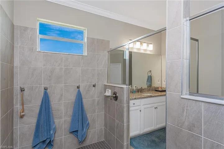 Bathroom with vanity, a walk in shower, and crown molding