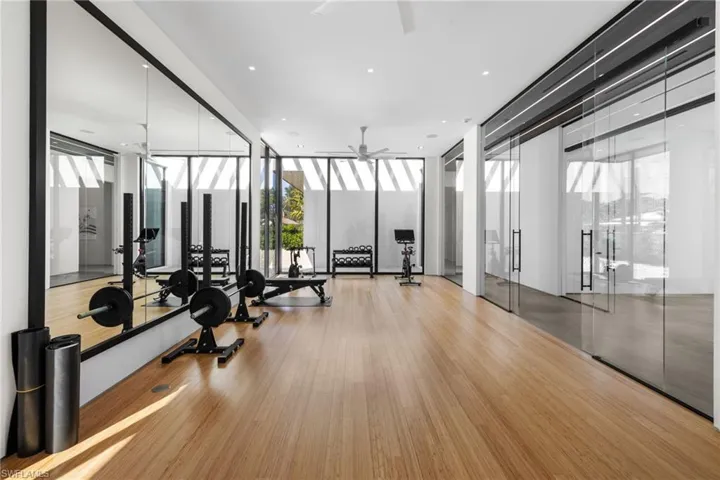Workout room with light wood-type flooring, expansive windows, and ceiling fan