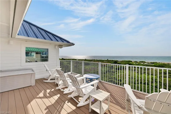 Elevated exterior deck featuring synthetic plank decking, white metal railing, and a blue metal roof overhang