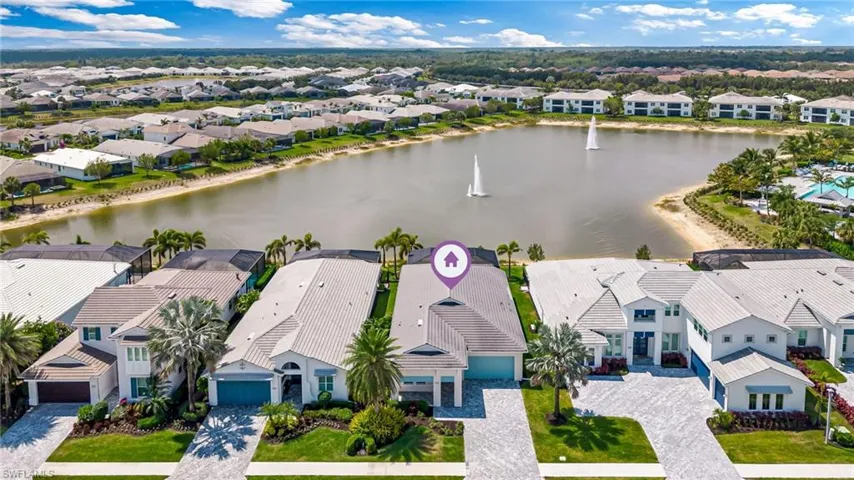 Bird's eye view featuring a water view and a residential view