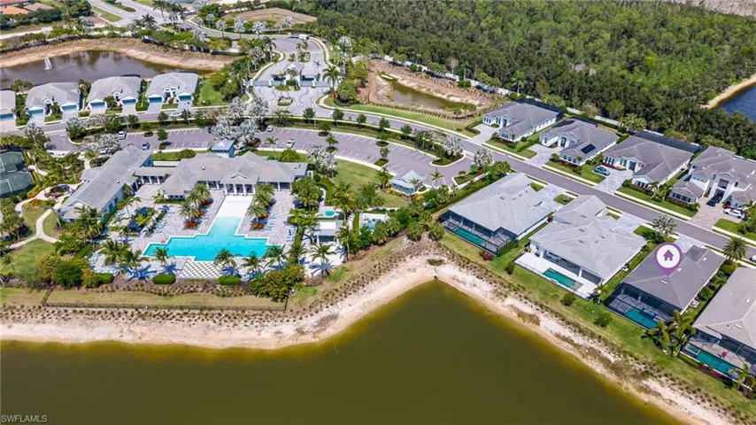 Aerial view with a water view and a residential view