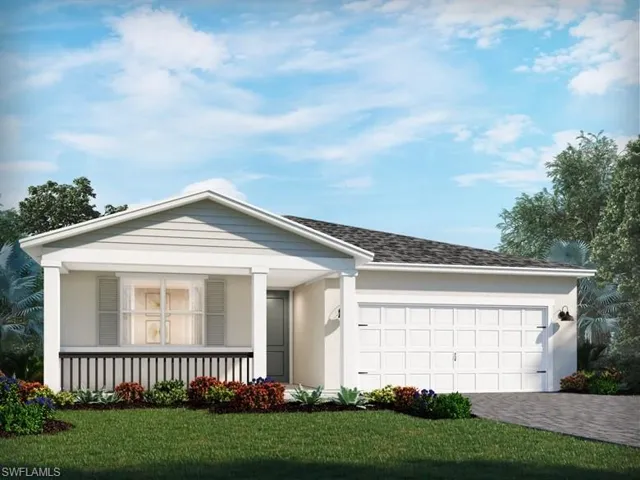Ranch-style home featuring a porch, a garage, stucco siding, and decorative driveway