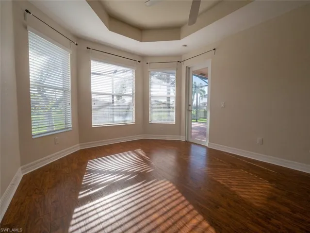 Unfurnished room with a raised ceiling, ceiling fan, healthy amount of natural light, and dark wood-type flooring