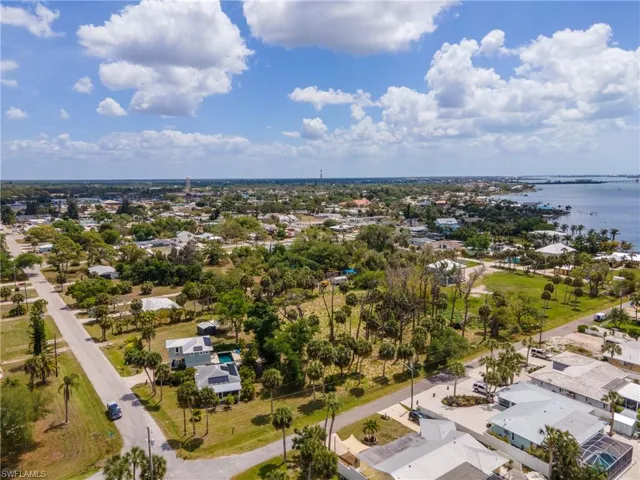 Aerial perspective of a residential area featuring a body of water, numerous houses with various roof styles, and abundant mature trees and palm trees