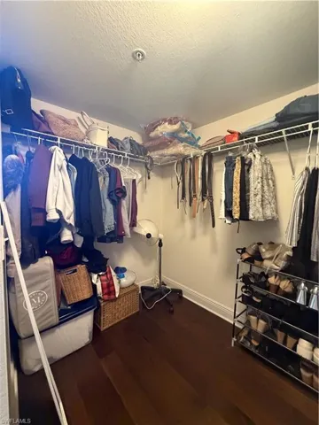 Walk in closet featuring dark wood finished floors