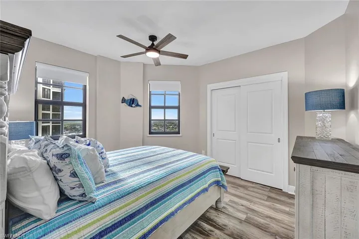The waterscape carries into the secondary bedroom.