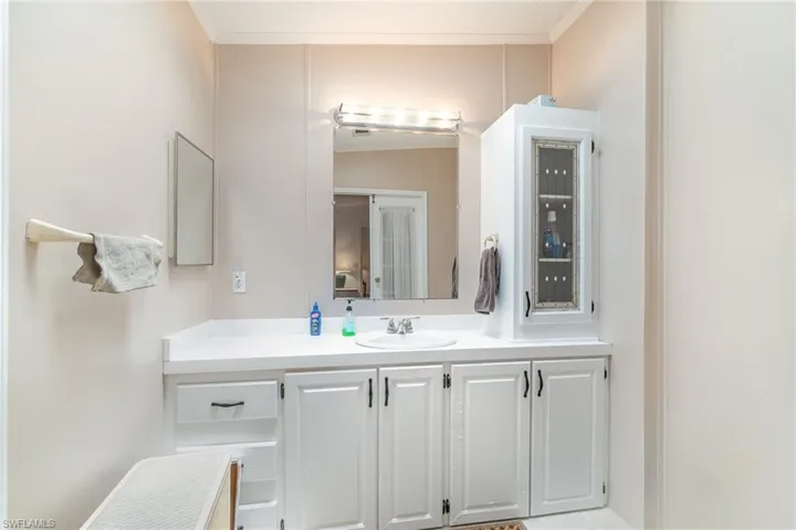 Bathroom featuring ornamental molding and vanity