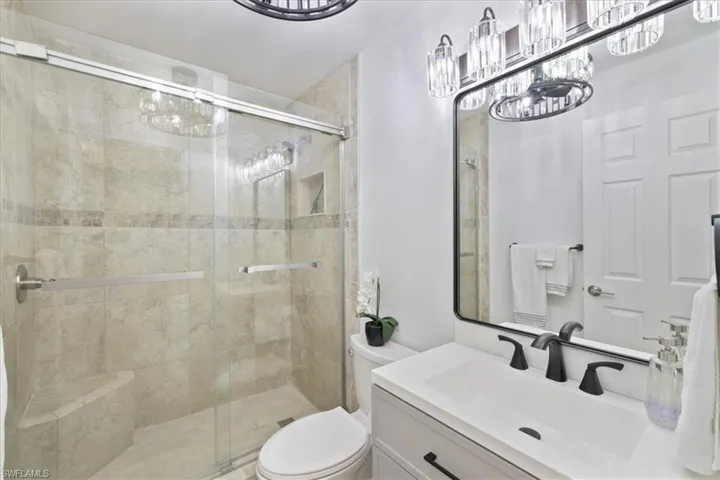 Full bath with vanity and a stall shower