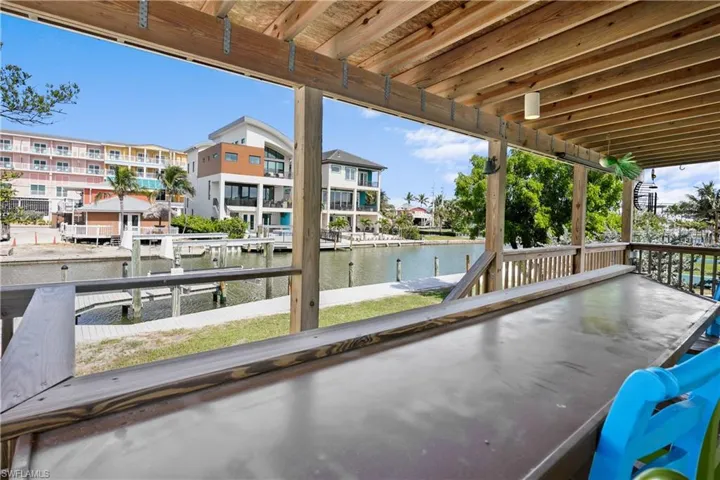 View of patio featuring a water view and a boat dock