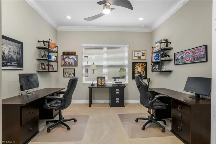 Carpeted office featuring ornamental molding and ceiling fan