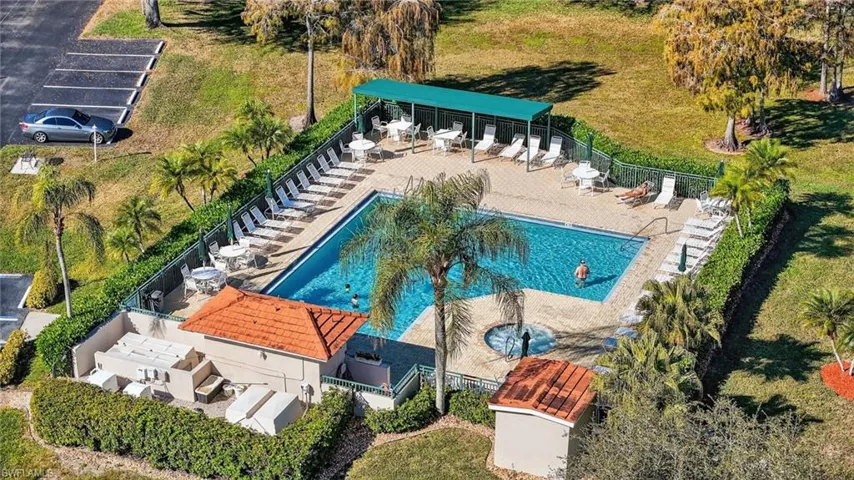 View from above of property featuring a pool area