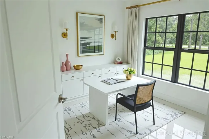 Bathroom with shower / bath combination with glass door, vanity, marble finish floors, and recessed lighting