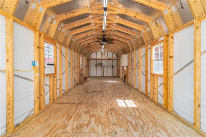 Shed featuring ceiling fan