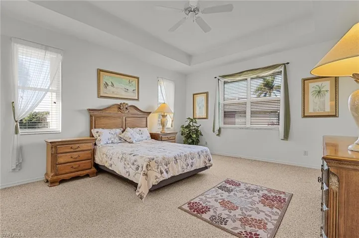 Bedroom featuring a tray ceiling, multiple windows, ceiling fan, and light carpet