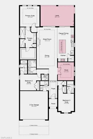 Floor Plan - Additional Highlights Include: an extended lanai with an outdoor kitchen rough-in, gourmet kitchen, study with French doors, tray ceiling package, and upgraded appliance package