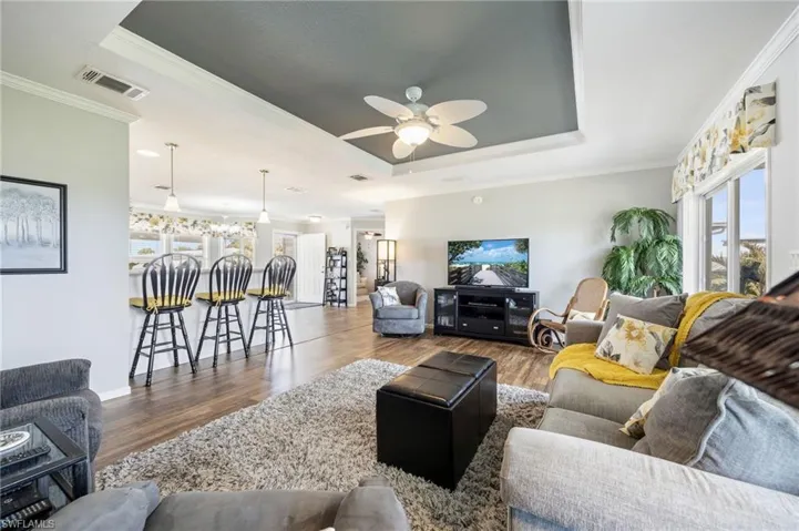 Living room featuring a raised ceiling, a ceiling fan, dark wood-type flooring, and crown molding