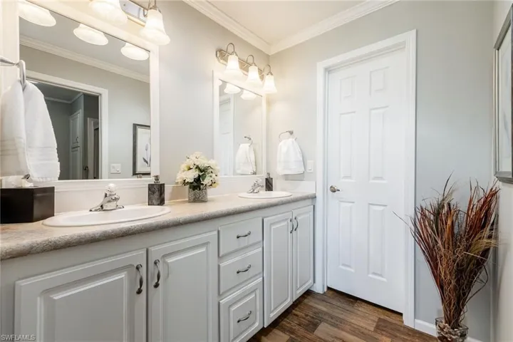 Full bathroom with double vanity, ornamental molding, and dark wood finished floors