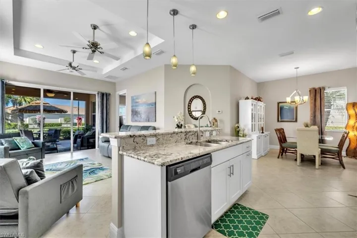Great room with tile on the diagonal