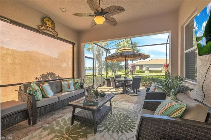 lanai with storm smart shutters and water view