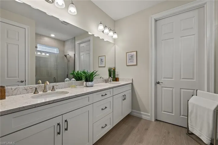 Bathroom with walk in shower, wood-type flooring, and vanity