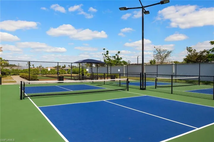 View of pickleball court featuring a gazebo