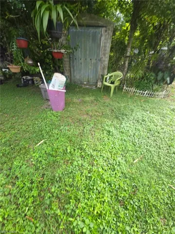 View of grassy yard with a storage shed