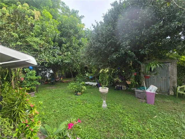 View of grassy yard featuring a shed