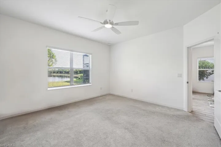Spare room featuring a wealth of natural light, carpet, and ceiling fan