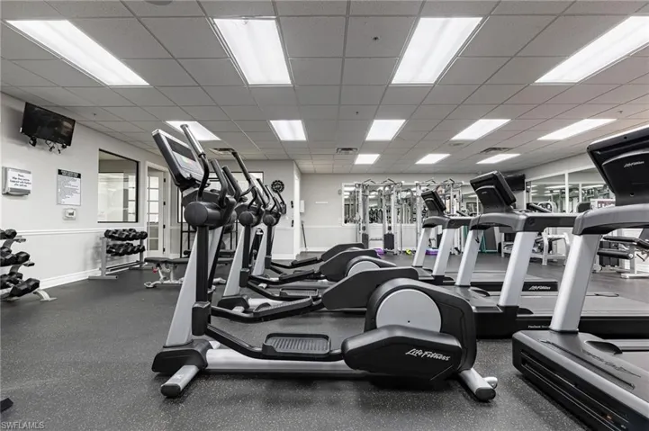 State-of-the-art fitness facility featuring multiple elliptical machines with digital displays, adjustable cardio equipment, and a comprehensive strength training setup