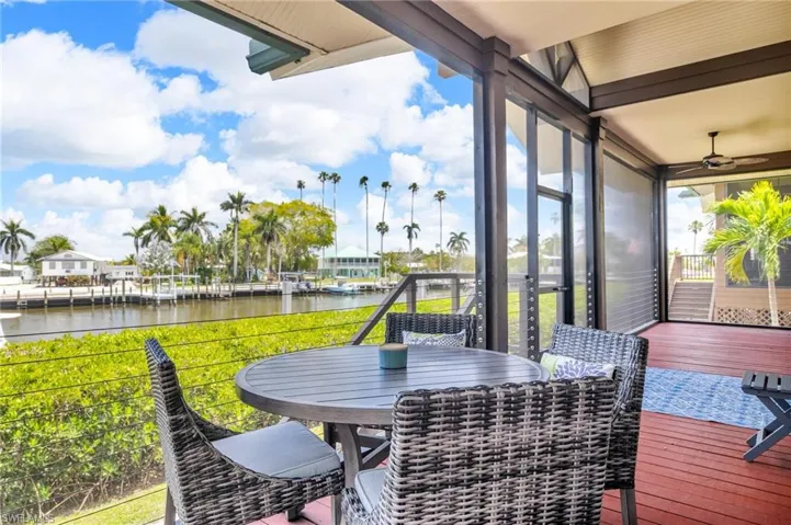Screened Patio with outdoor dining space, a water view, and ceiling fan