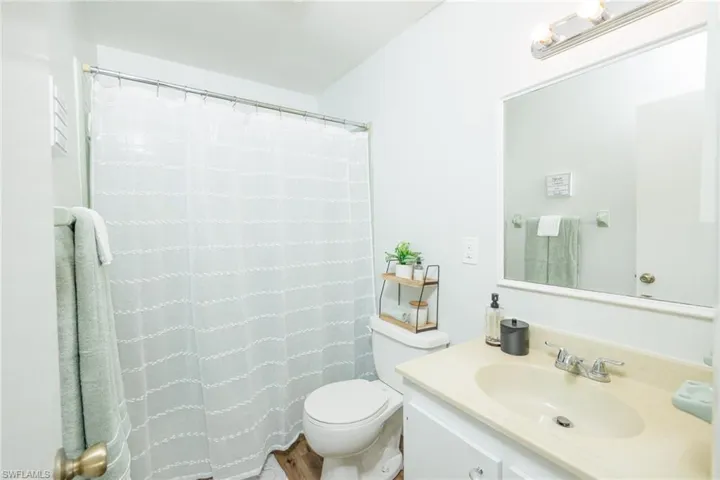 Bathroom with hardwood / wood-style floors, vanity, and toilet