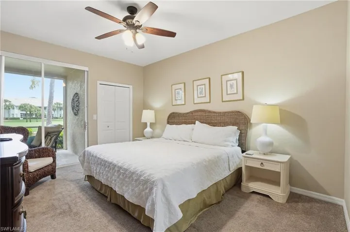 Bedroom featuring carpet flooring, access to exterior, ceiling fan, and a closet
