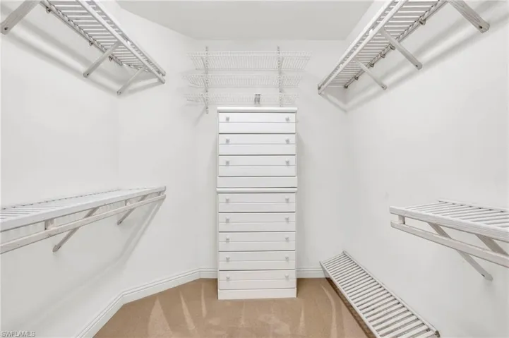 Walk-in closet featuring carpet flooring and ample shelving