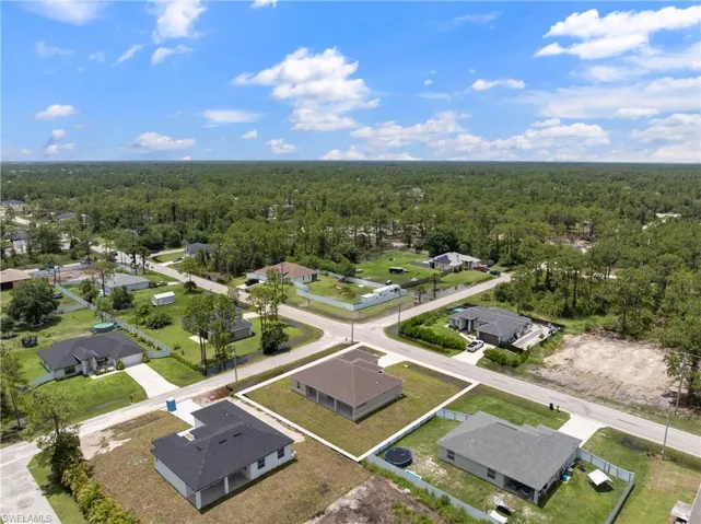 Aerial view of residential area with a forest