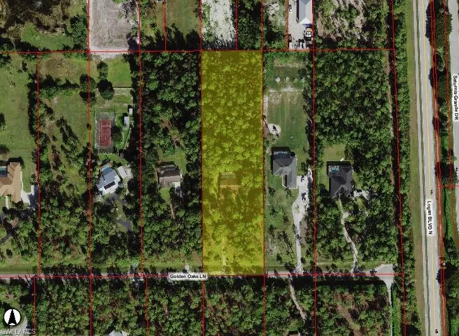 Aerial map of property and surrounding area with property boundaries highlighted