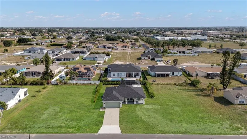Aerial perspective of a residential neighborhood with a clear sky backdrop