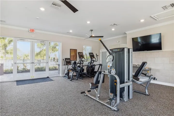 Exercise room with ornamental molding, carpet flooring, ceiling fan, and french doors