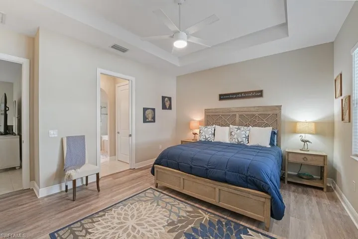 Tray ceiling and wood-finish flooring