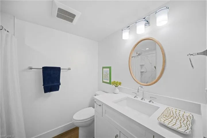 Full bathroom with vanity, a shower with curtain, and dark wood-type flooring