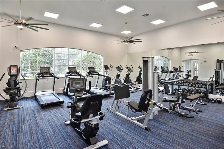 Workout area featuring a high ceiling, dark carpet, and a healthy amount of sunlight
