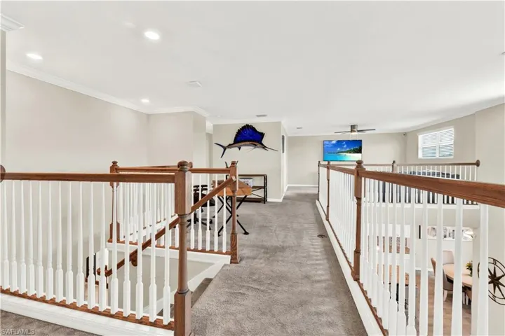 Hallway featuring crown molding and carpet flooring
