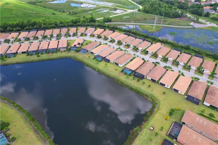 Birds eye view of property with a water view
